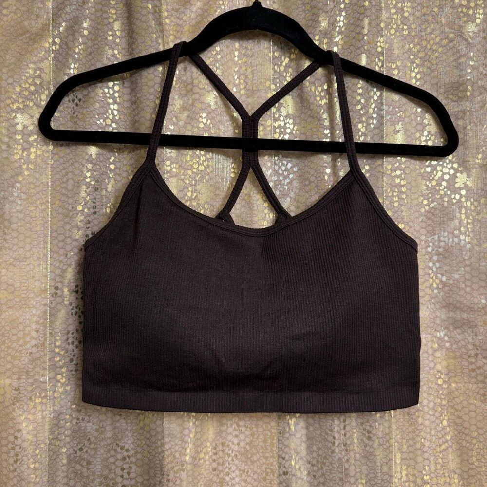 Yogalicious Chocolate Brown Ribbed Long Line Padded Sports bra Large